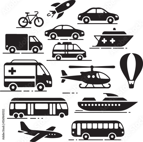 A Variety of Black and White Transportation Icons Featuring Cars, Planes, Boats, and Emergency Vehicles in a Simple Vector Style