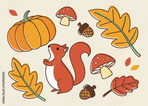 Whimsical Autumn Illustration Featuring a Squirrel Pumpkin Acorns Mushrooms and Colorful Leaves on a Light Beige Background