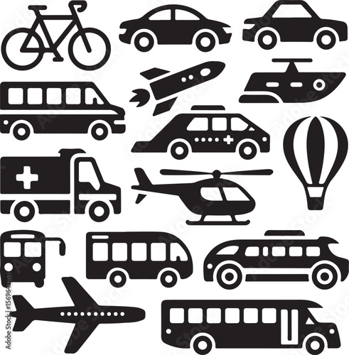 Black and White Icon Set of Various Transportation Vehicles Including Cars Buses Airplanes and Emergency Services like Ambulance and Helicopters