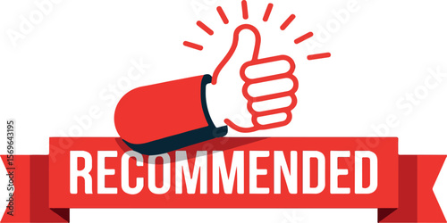 Red thumb up with recommended text on ribbon thumbs up approval