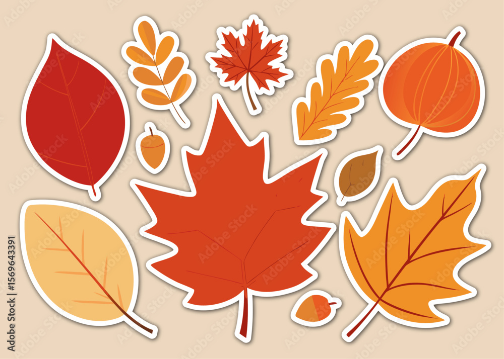 Obraz premium Autumnal Array A Collection of Fall Leaves and Acorns in Warm Tones on a Beige Background collection