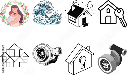 Vector art of a mother lovingly embraces her baby within a floral wreath, alongside various icons isolated on white background