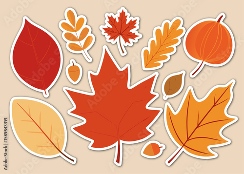 Autumnal Array A Collection of Fall Leaves and Acorns in Warm Tones on a Beige Background collection