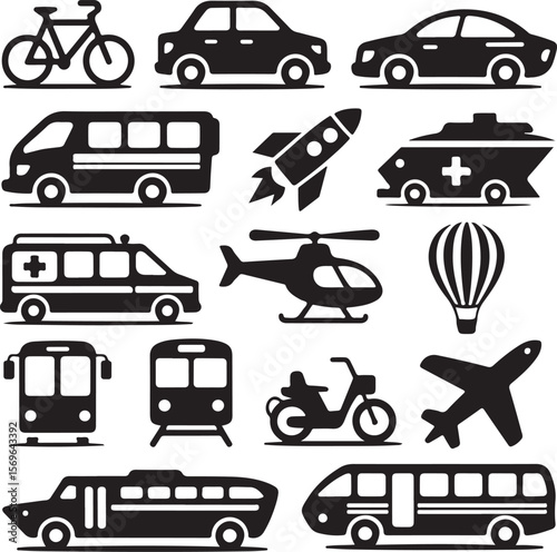 Diverse Transportation Icons A Visual Compilation of Vehicles and Modes of Transport for Design and Communication Purposes