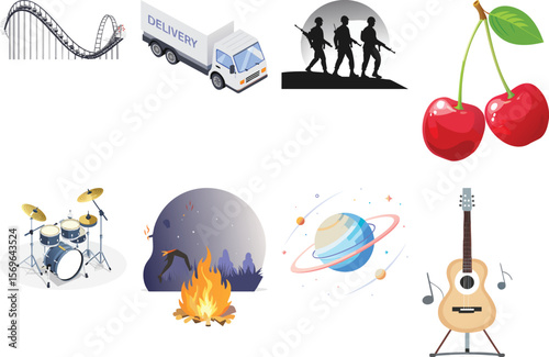 Vector art of a collection of diverse icons including a rollercoaster, delivery truck, and soldiers isolated on white background