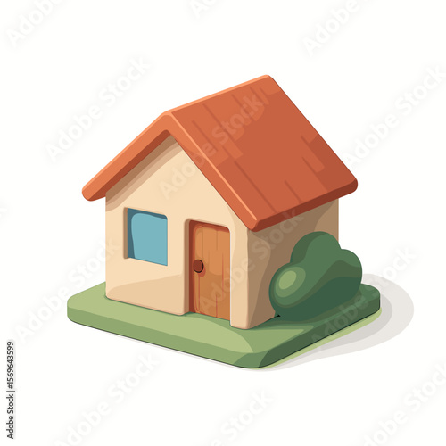 Isometric Simple House With Orange Roof and Green Bush Building Illustration
