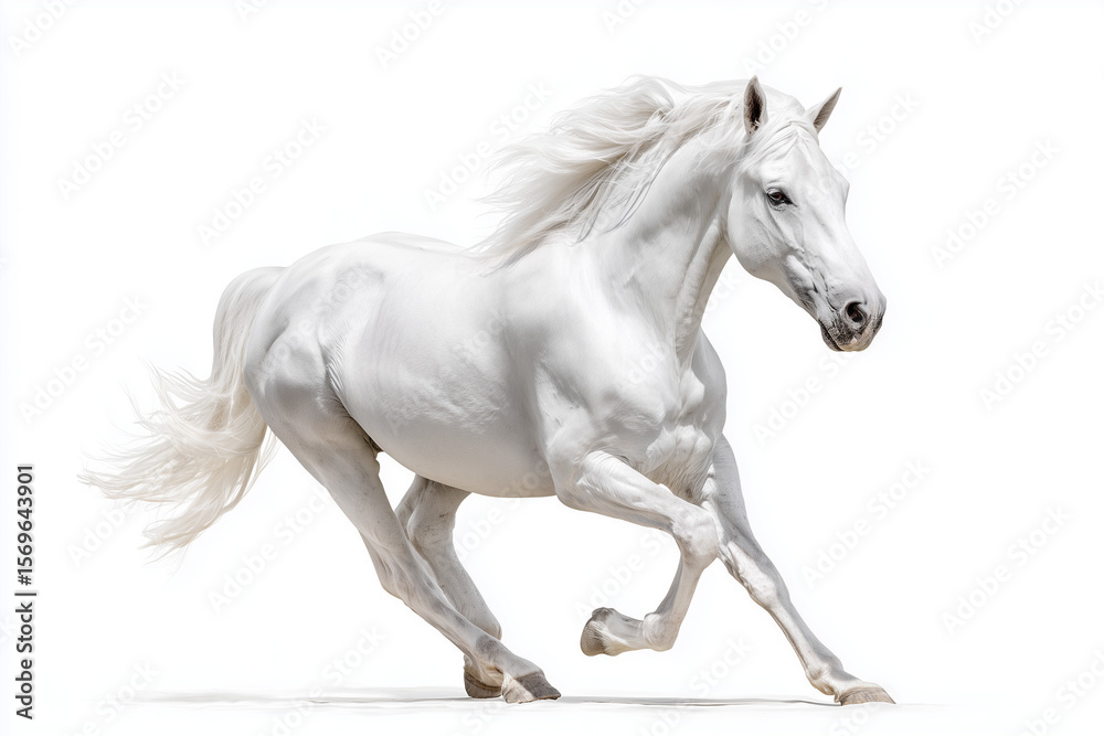 Obraz premium Portrait of horse jumping with elegant posture isolated on white background, Selective focus running horse in racecourse.
