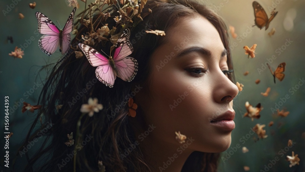 Fototapeta premium Headshot of a person or animal with butterflies or flowers emerging from the face or hair, moody lighting and soft focus, symbolic and dreamy tone.
