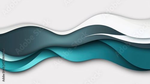 Abstract teal, gray, white wavy layered paper design.