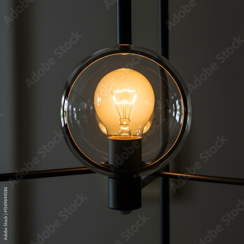 Close-up of a glowing incandescent light bulb in a modern, dark fixture.