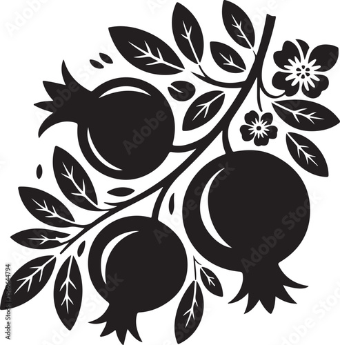Stylized Pomegranate Branch Silhouette with Flowers and Leaves Black and White Decorative Design for Print or Digital Projects