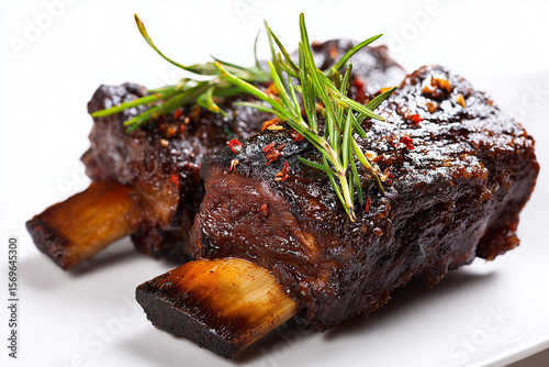 Smoked barbecue ribs isolated on white background, Selective focus grilled beef ribs on white background.