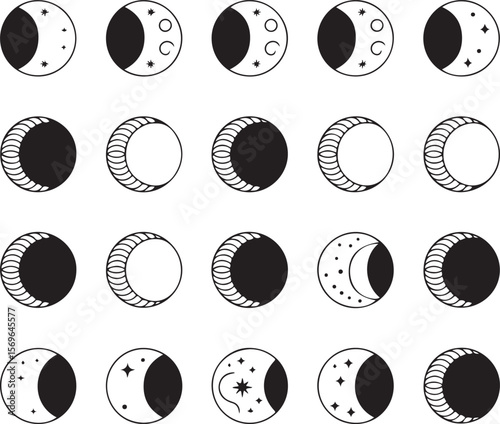 Collection of Lunar Phase Illustrations Diverse Set of Moon Representations with Varying Degrees of Illumination and Unique Cosmic Embellishments