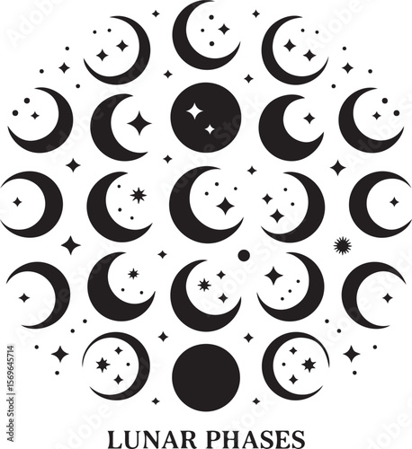Elegant Lunar Phases Illustration A Celestial Dance of Crescent Moons Stars and Cosmic Harmony in a Circular Composition