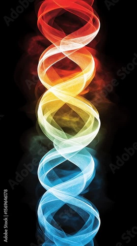 Glowing dna helix in abstract motion, glowing dna helix spinning through light, glowing dna helix with vapor energy