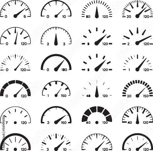 Collection of Black and White Gauges Displaying Measurements Ranging from Single Digits to Hundreds Illustrating Measurement Variations