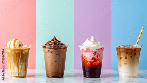 Four different refreshing iced coffee drinks are displayed against a colorful background in a studio setting.