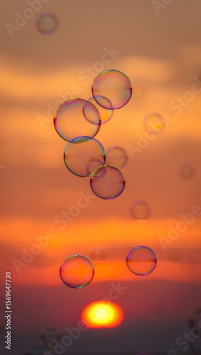 Floating soap bubbles glisten against a vibrant sunset sky, creating a dreamy and colorful scene.