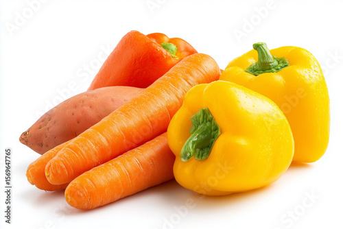 Group of carotenoid vegetable isolated on white background, Carotenoid pigment vegetable with carrot, bell pepper, sweet potato and pumpkin.
