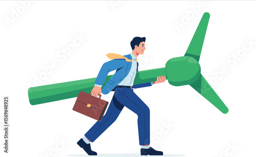 Businessman Carrying Wind Turbine Blades for Sustainable Energy Solutions and Green Business ai generated vector