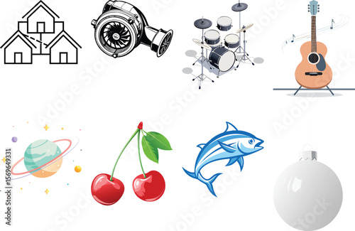 Vector art of a collection of icons including houses, a turbocharger, drums, a guitar, a planet, cherries, a tuna, and an ornament isolated on white background