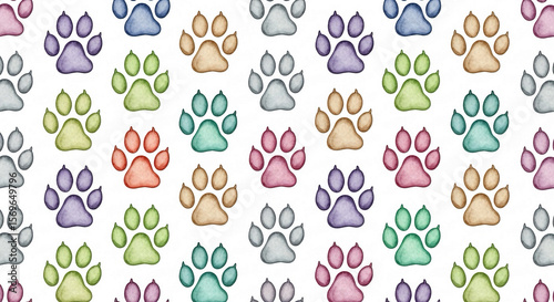 Cute Pet Paw Print Seamless Pattern on White Background, Watercolor Style