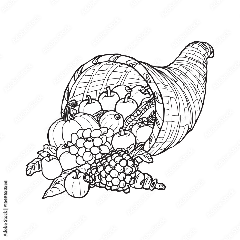 Fototapeta premium Black and White Cornucopia Harvest Illustration – Thanksgiving Fruit and Vegetable Basket Line Art Vector