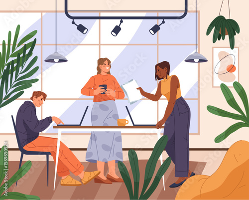 Office teamwork or work. Vector project job or workplace at company. People near table with notebooks or colleagues discuss, plan at team meeting. Indoor coworking, communication, employee interaction