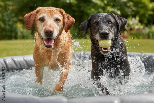 Two playful dogs splashing in a water-filled pool enjoying a sunny day outdoors