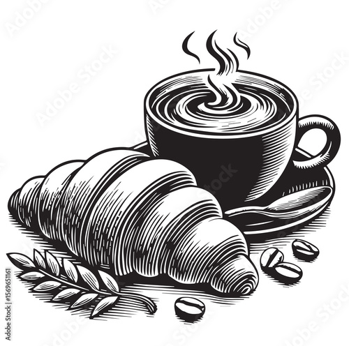 Croissant and coffee cup engraving silhouette vector on white background