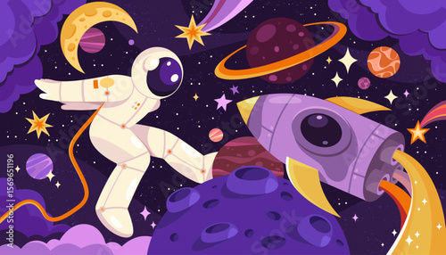 Spaceman walking in outer space with flying airship. Vector astronaut with planets and asteroids, moon crescent and rocket. Cosmos suit in zero gravity mission. Solar system,universe travel. Astronomy
