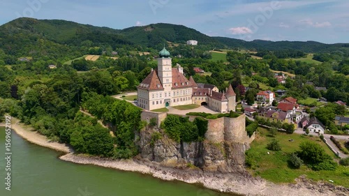 Wallpaper Mural Schönbühel Castle on Danube River Cliff in Lower Austria. Top Cinematic Aerial view Torontodigital.ca