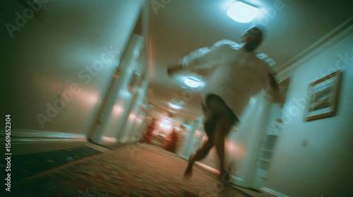 Blurred action shot of a man running barefoot through a dim motel hallway in panic, creating a sense of urgency and escape
