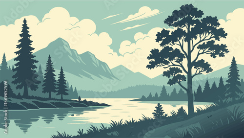 A calm summer landscape of mountains and forests reflecting in a blue lake under a cloud-dotted sky