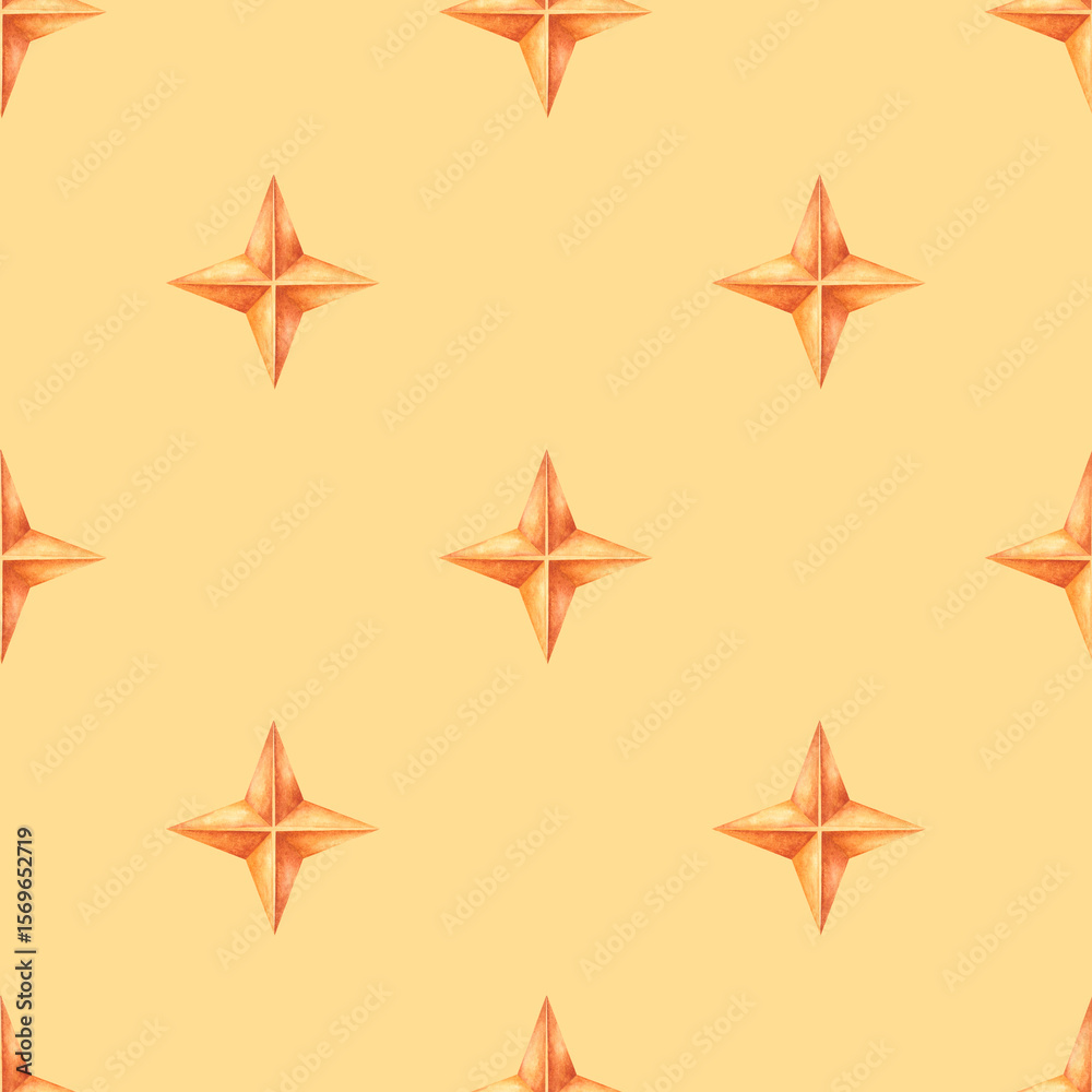 Obraz premium Watercolor seamless pattern with orange geometric stars on a soft beige background. Suitable for wrapping, stationery, packaging, and textiles with a warm natural look.