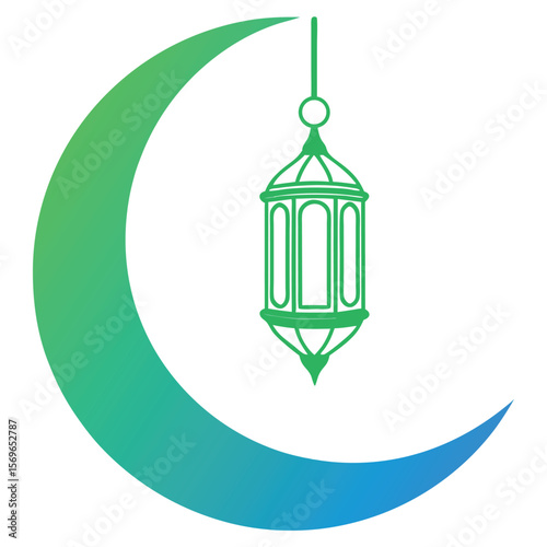 Green crescent moon with hanging lantern isolated on white background