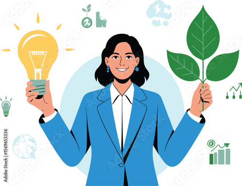 Businesswoman holding lightbulb and plant representing innovation and sustainability concept ai generated vector