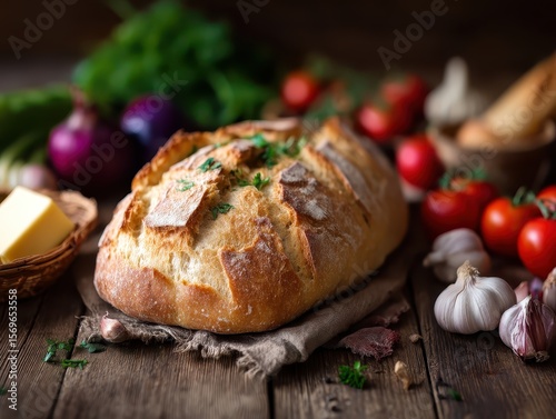Wallpaper Mural A freshly baked rustic loaf of bread sits on a cloth, surrounded by fresh garlic, cherry tomatoes, cheese, and herbs on a wooden table. Torontodigital.ca