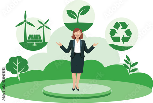 Businesswoman presenting green energy solutions for a sustainable future environment ai generated vector