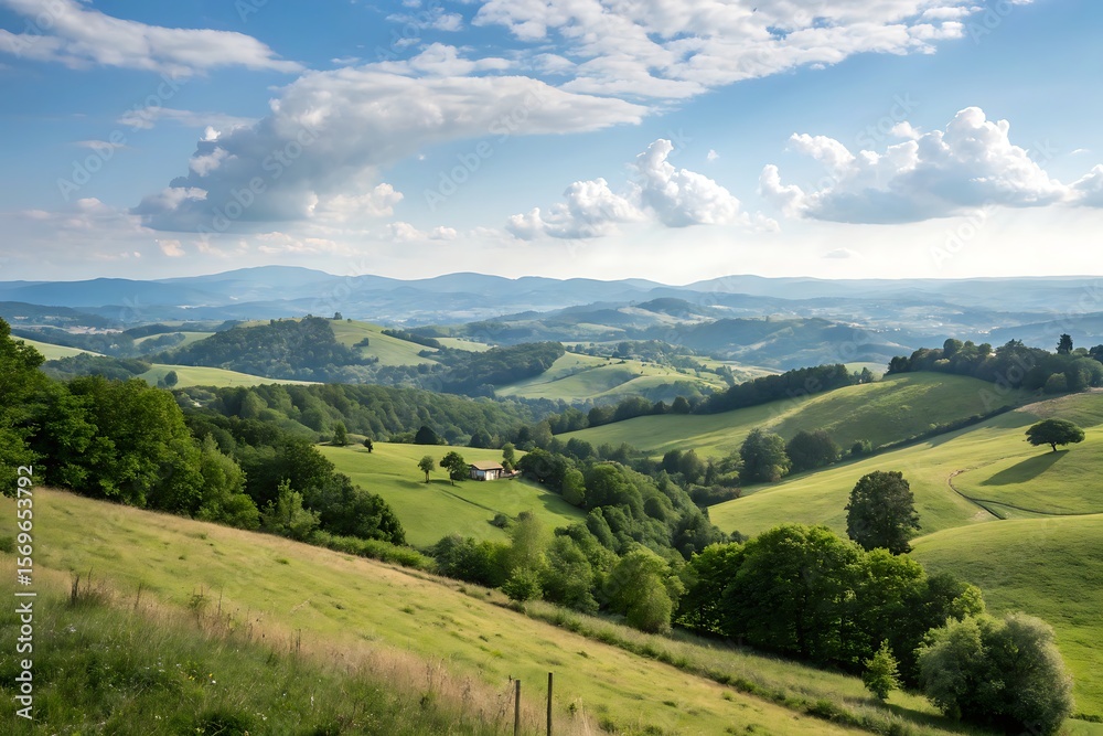 Naklejka premium Verdant rolling hills stretch into the distance under a vibrant blue sky