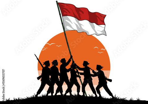 Silhouette of heroes raising the Indonesian flag (Merah Putih) at sunrise.