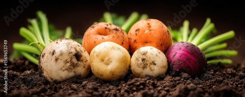 Freshly harvested root vegetables covered in soil with green tops, lying on rich brown dirt.