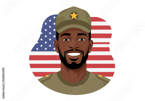 Portrait of a proud African American male veteran with a US flag background.