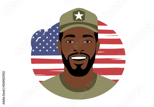 Portrait of a proud African American male veteran with a US flag background.