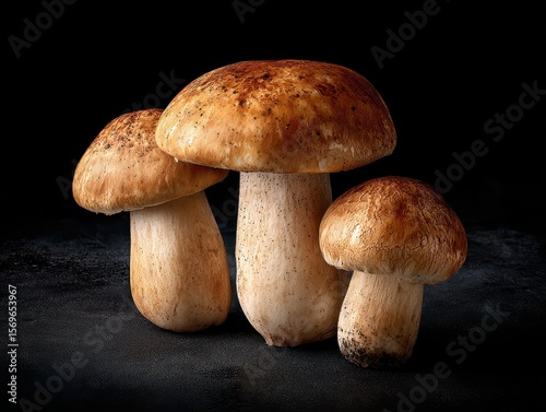 Three fresh brown mushrooms with textured caps and thick stems sit against a dark background, highlighting their natural earthy tones and organic form.