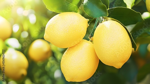 Ripe, juicy lemons hanging from a branch in a vibrant lemon grove providing ample copy space for text ideal for fresh citrus product advertising.