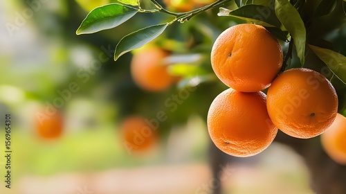 Ripe juicy oranges hang heavy on the branches of a lush green orange tree in a vibrant orchard providing ample copy space for text perfect for advertisements or ing.
