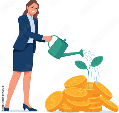 Businesswoman Watering Money Plant for Growth and Financial Success ai generated vector