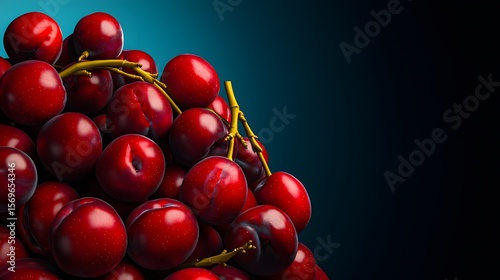 A vibrant pile of ripe red plums sits against a dark teal background providing ample copy space ideal for text overlay perfect for fresh fruit advertisements or culinary