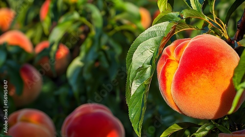 A vibrant ripe peach hangs heavy on the branch in a sun-drenched peach orchard providing ample copy space for text perfect for summer recipes or healthy eating advertisements.